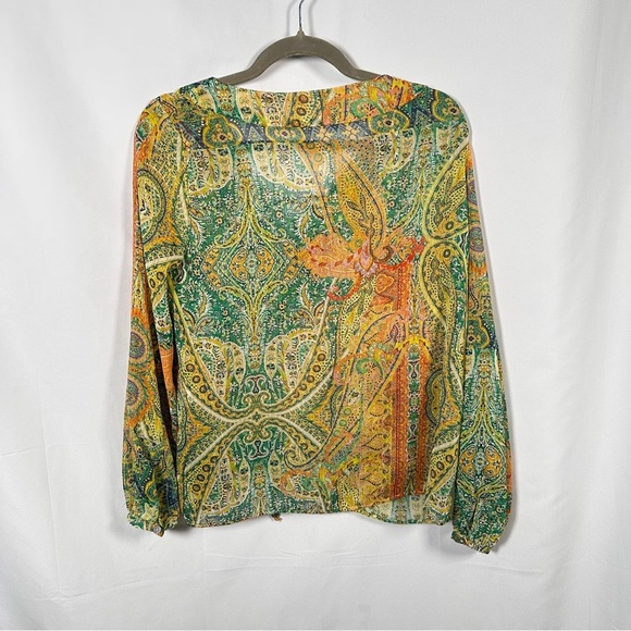 ZARA Sheer Boho Paisley Blouse Lace-Up Peasant Top (M) Green/Gold, Festival - Picture 8 of 9